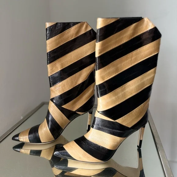 New Jimmy Choo Beren Boot Eel Skin Striped Black and Cognac $1,895 39 - Picture 6 of 12